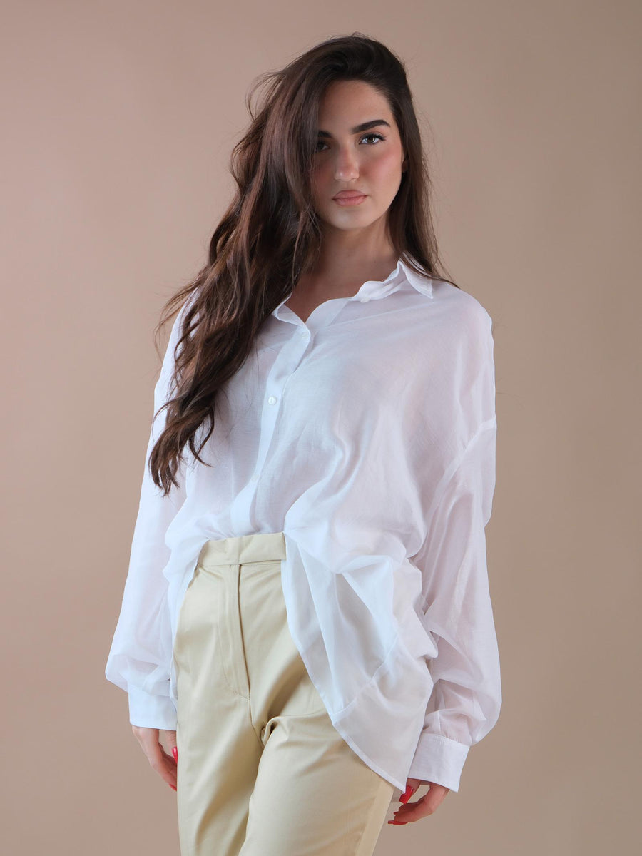 Camicia over bianca velata in misto cotone e seta CA59B BIANCO Bohemian V 