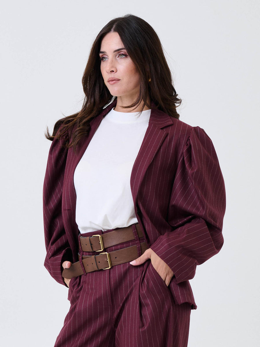 Giacca gessata Haveone bordeaux con spalline a palloncino JVSP042 BORDEAUX Haveone 