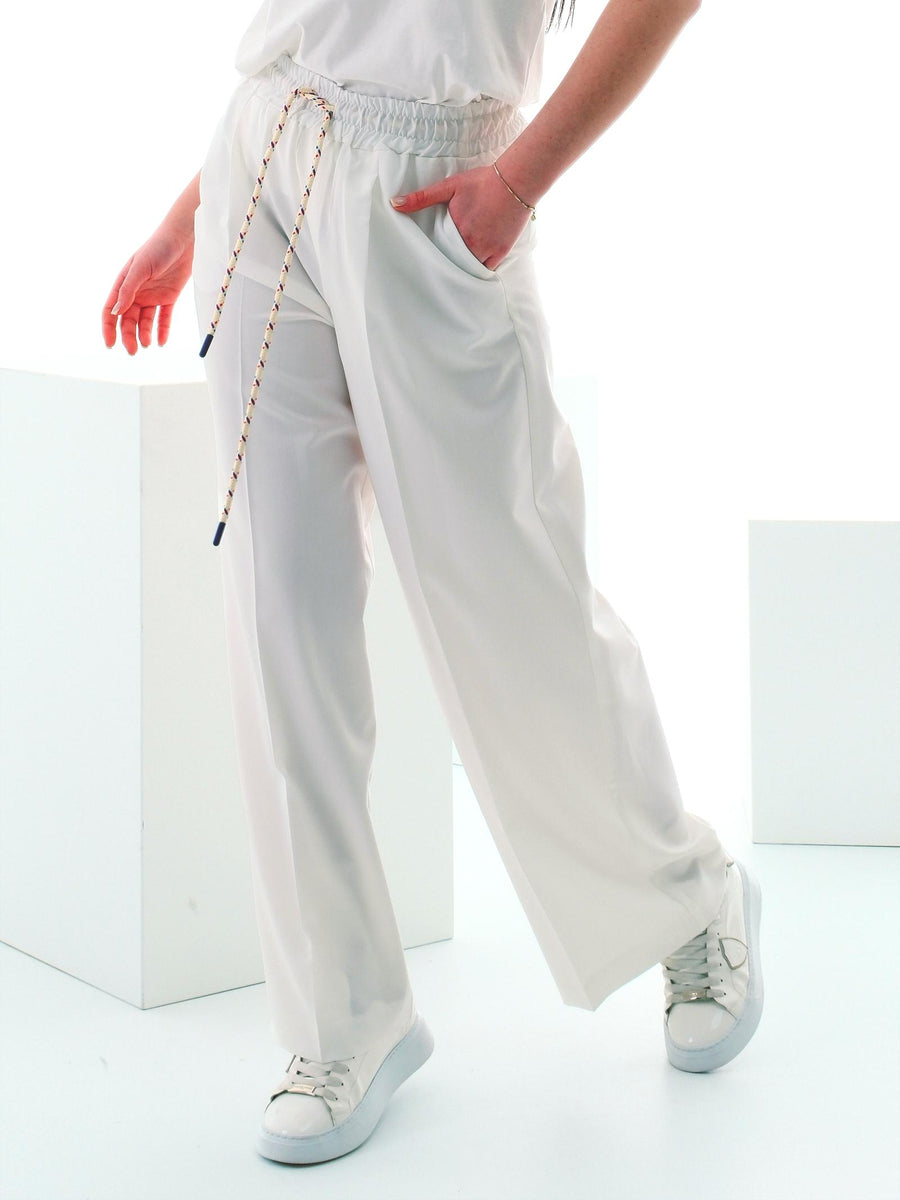 Pantalone Vicolo bianco con lacci a fantasia in contrasto TD0569 BIANCO Vicolo 