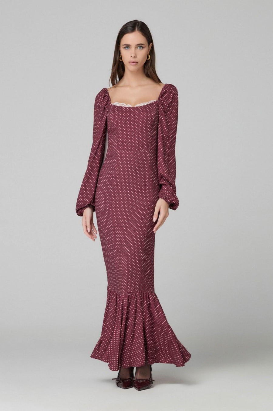 Abito lungo "Lady" Mar De Margaritas bordeaux a pois con inserti in pizzo MMABW01295 RS19 Mar De Margaritas 