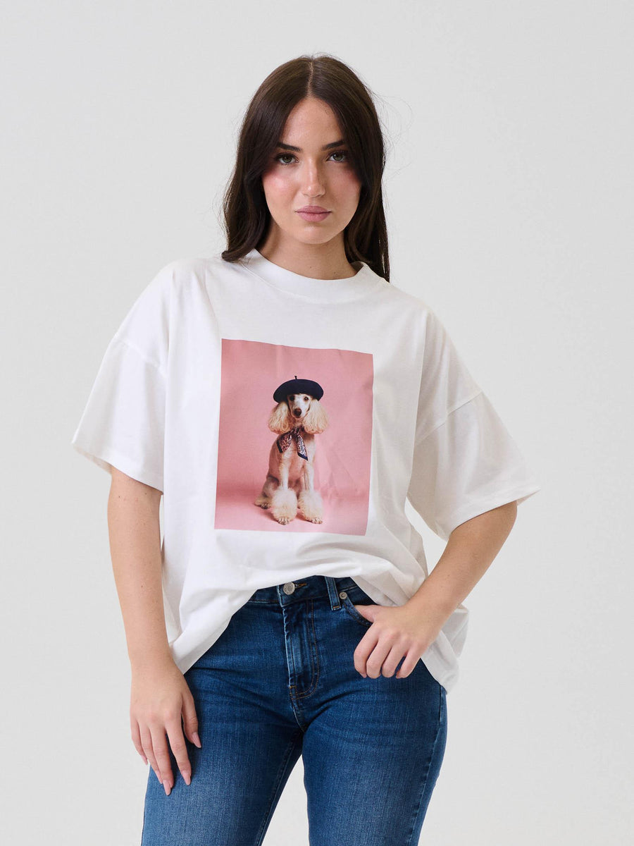 T-Shirt Vicolo bianca stampa rosa con cagnolino RF0243 BIA Vicolo 