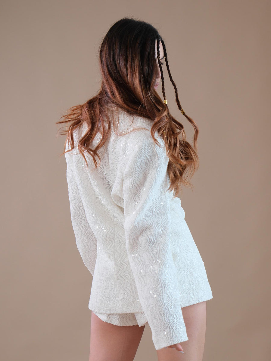 Giacca panna lavorata a maglia forata con pailettes GI62C BIANCO Bohemian V 