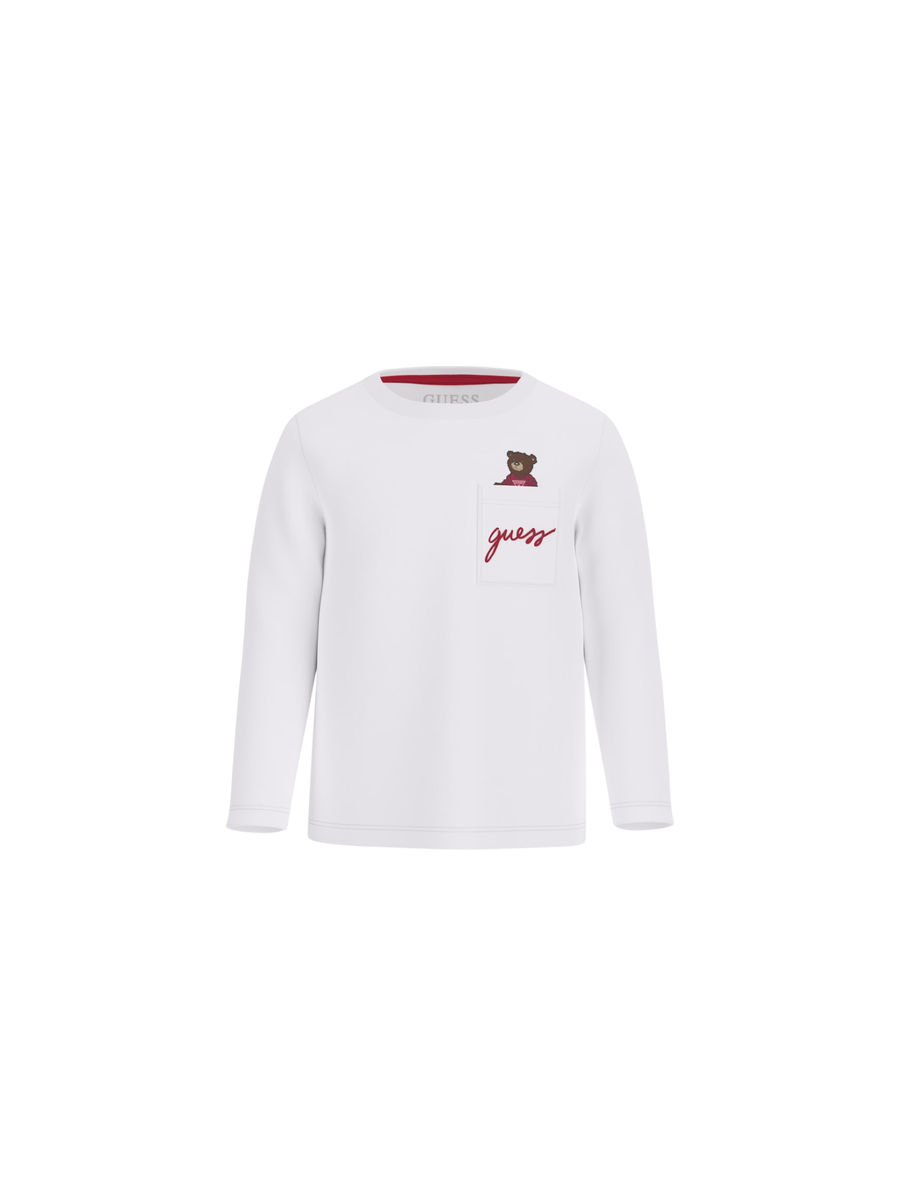 T-Shirt a maniche lunghe Guess bianca con taschino e orsetto N4BI06I3Z14 G011 Guess 