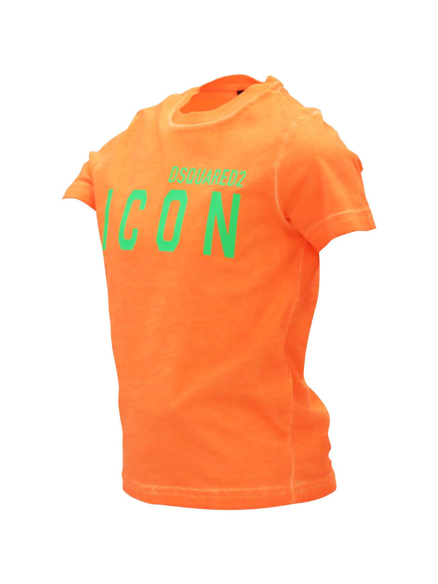T-shirt arancio fluo con applicazione logo Icon verde DQ2416 DQ253 Dsquared 