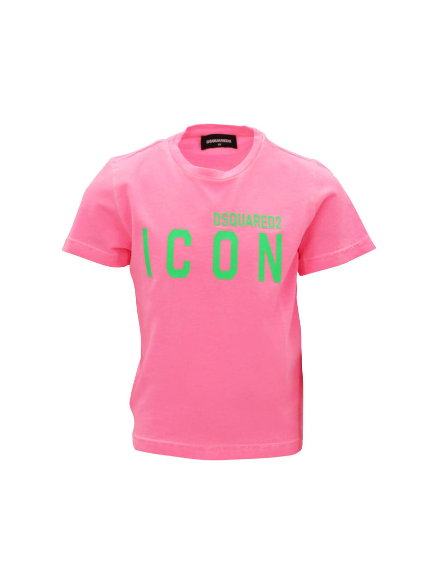 T-shirt fucsia fluo con applicazione logo Icon verde DQ2416 DQ318 Dsquared 
