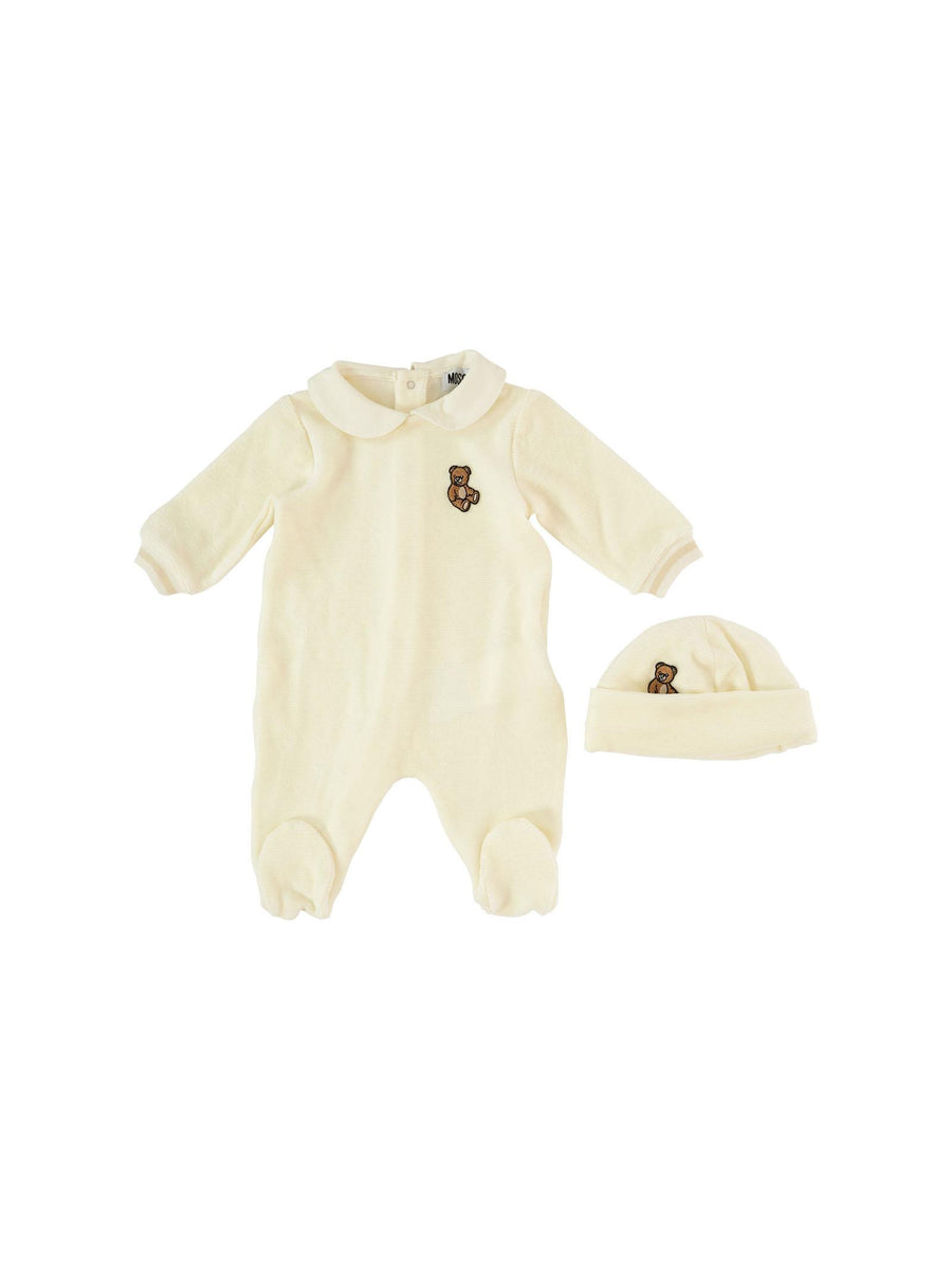 Tutina con cappellino Moschino bianca con patch orsetto MUY08H 10063 Moschino 