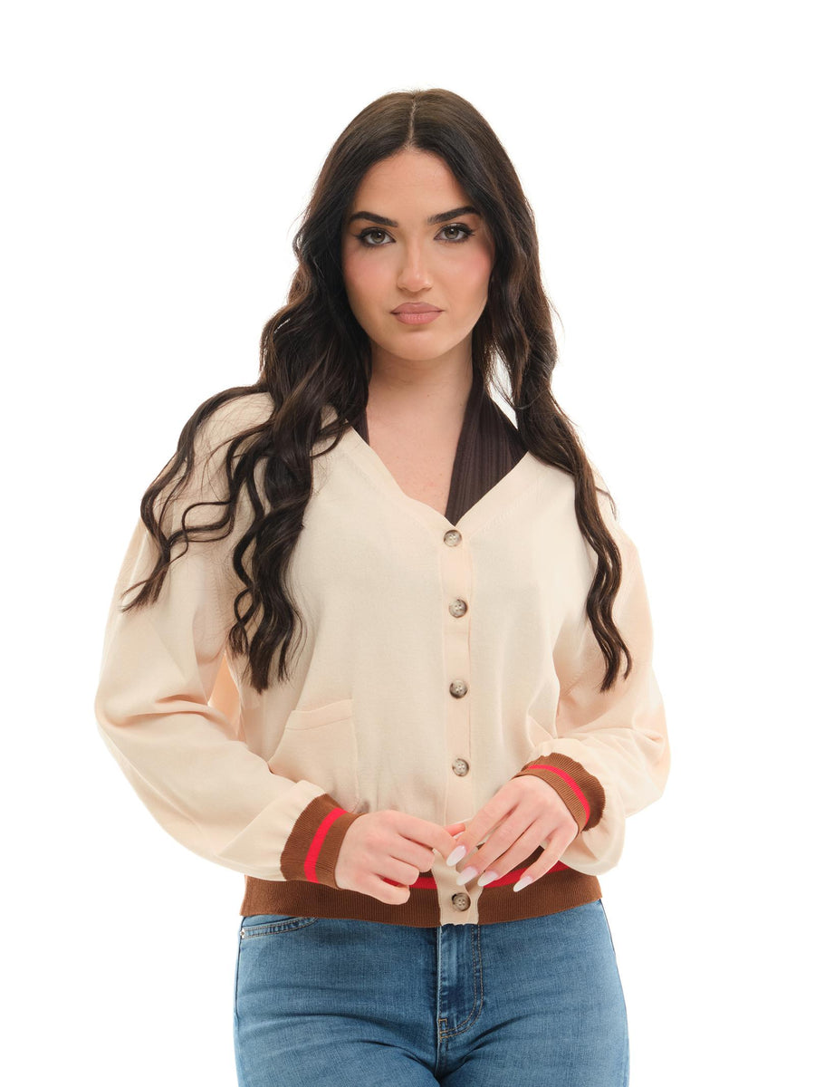 Cardigan Vicolo panna con orlo a righe in contrasto 44029D PAN Vicolo 
