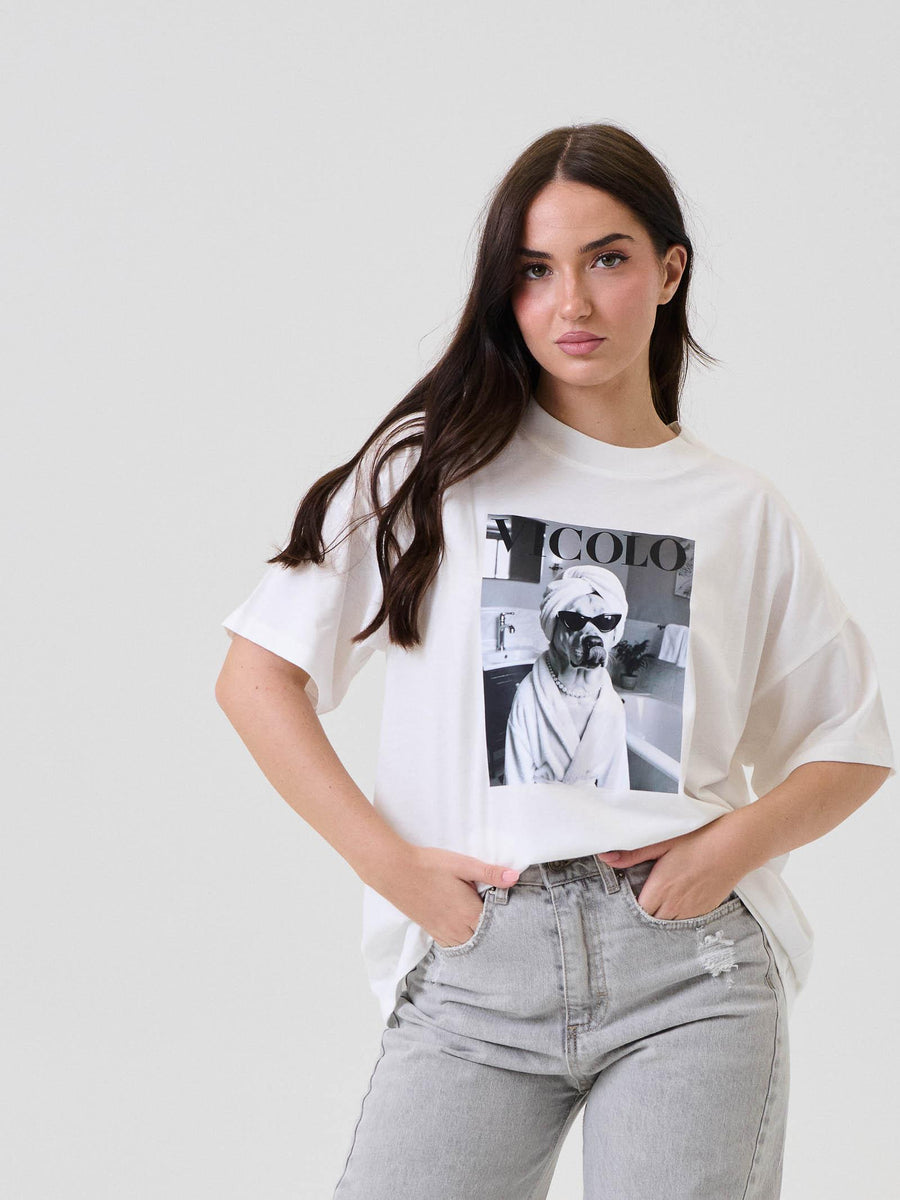 T-Shirt Vicolo bianca con stampa bianco/nero con cane RF0247 BIA Vicolo 