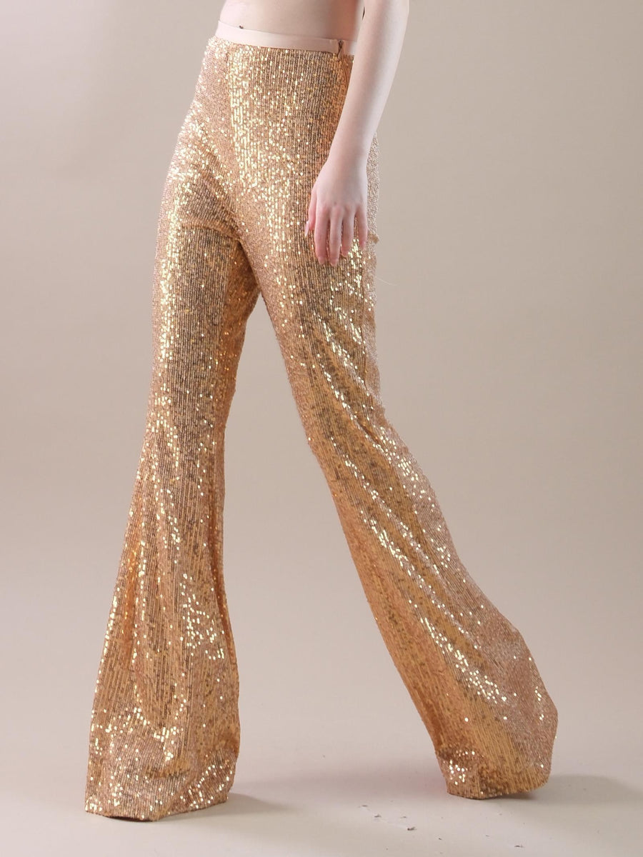 Pantaloni flare oro ricoperti di pailettes e fascia in raso PA246 GOLD Silence Limited 