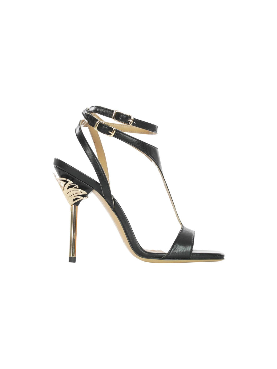 Sandali neri con tacco con decoro floreale oro 553 NERO WO Milano 