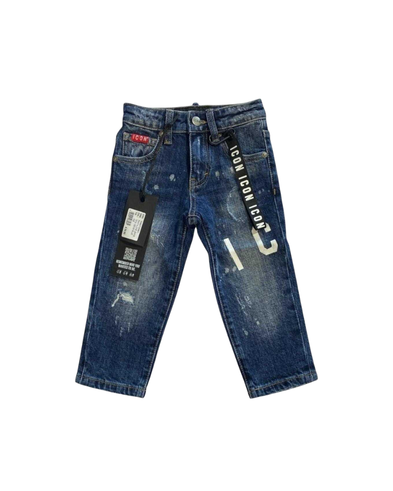 Jeans Icon blu effetto used con stampa Icon bianca T00716 DNM Icon 