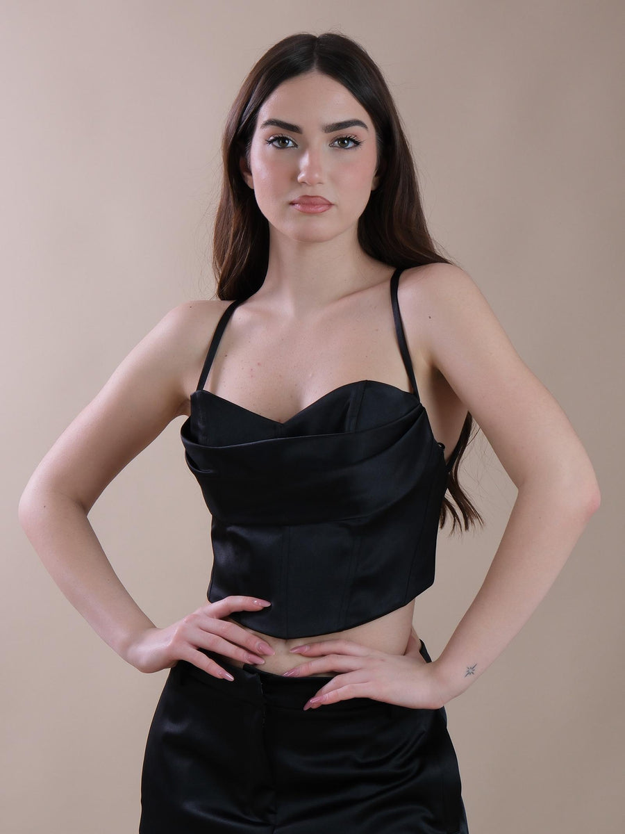 Crop top bustier nero in raso con incroci sul retro SD8008 NERO Silence Limited 