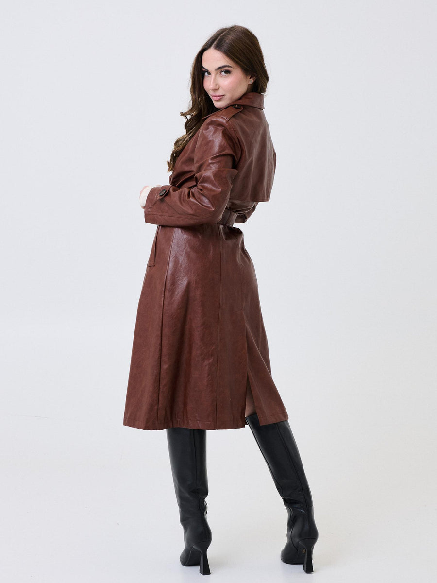 Trench lungo Armoire marrone in ecopelle con cintura in vita DL30143 UNI Armoire 