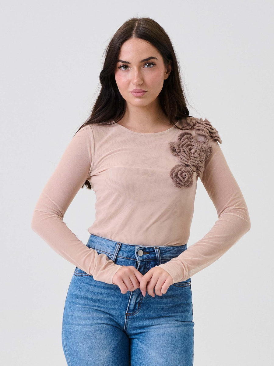 Body trasparente Pho Firenze nude con fiori in 3D in lana 4324114 NUDE/COFFEE PHO FIRENZE 