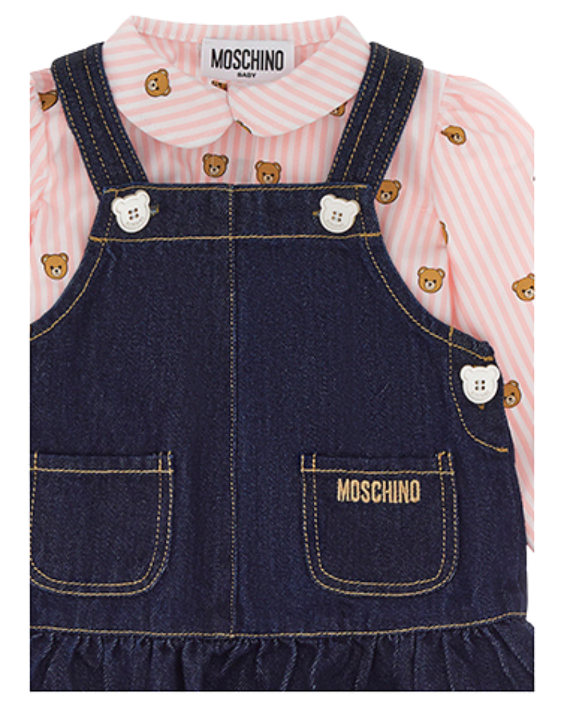 Salopette con camicia Moschino in denim rosa e blu con orsetti stampati MDK036 40109 Moschino 