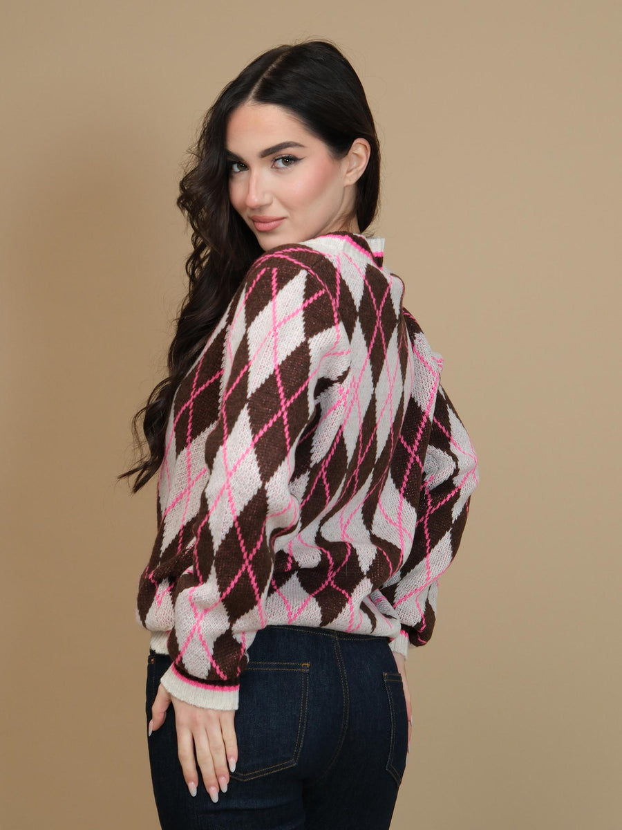 Maglione Haveone fuxia e marrone con rombi all over MNCM225 FUX/MARR Haveone 