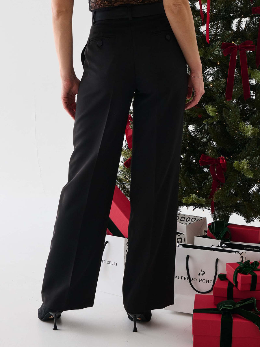 Pantalone a palazzo Vicolo nero con dettagli in raso TF1475 NERO Vicolo 