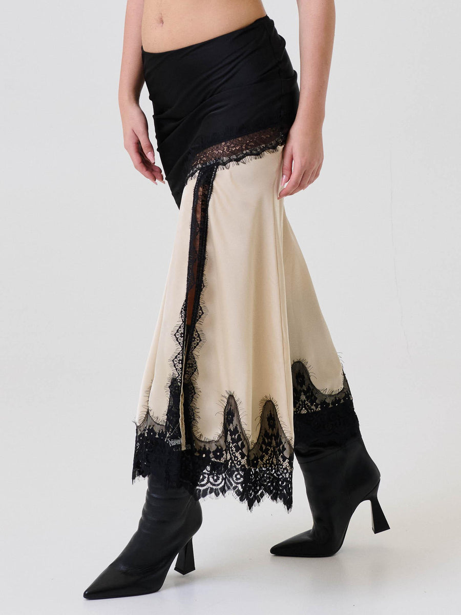 Gonna asimmetrica Vicolo nera e beige con inserti in pizzo TF1249 NERO Vicolo 