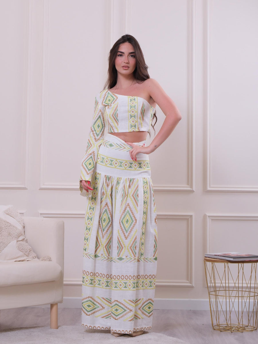 Top monospalla bianco a fantasia etnica CA84B UNI Bohemian V 