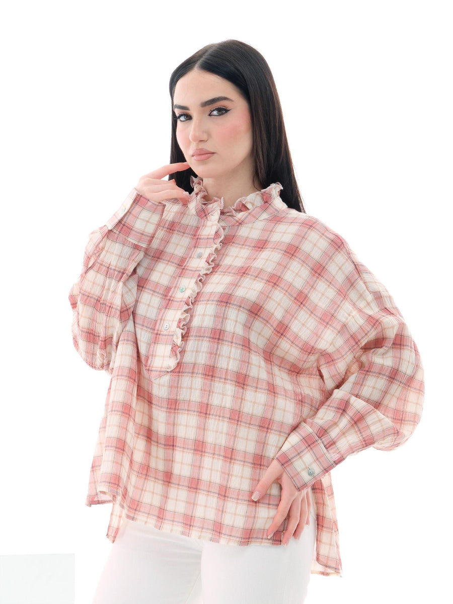Camicia Vicolo rosa a quadri con dettagli rouches TD0532 BIA/ROSA Vicolo 