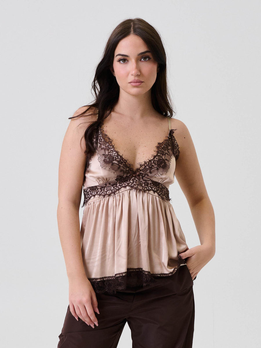 Top in raso Vicolo beige con inserti in pizzo floreale TF1086 BEIGE Vicolo 