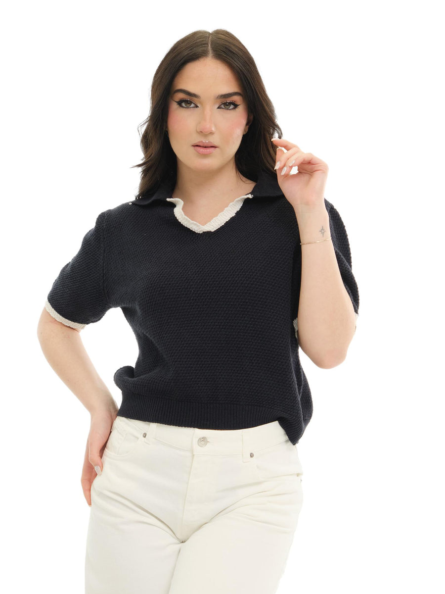 Maglia Vicolo blu con scollo a V a contrasto 77066D BLU Vicolo 