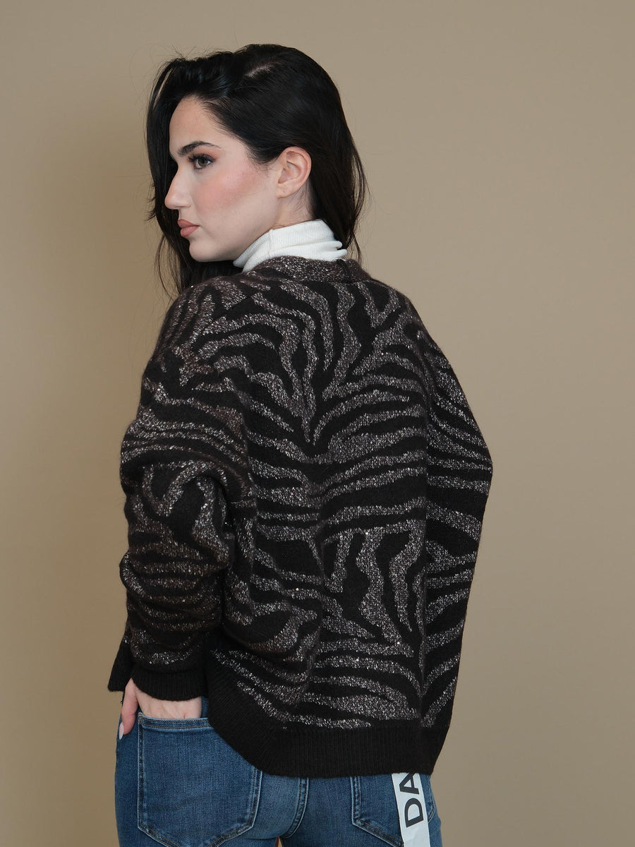 Cardigan Vicolo marrone con motivi zebrati effetto glitterato 77175S MARR Vicolo 