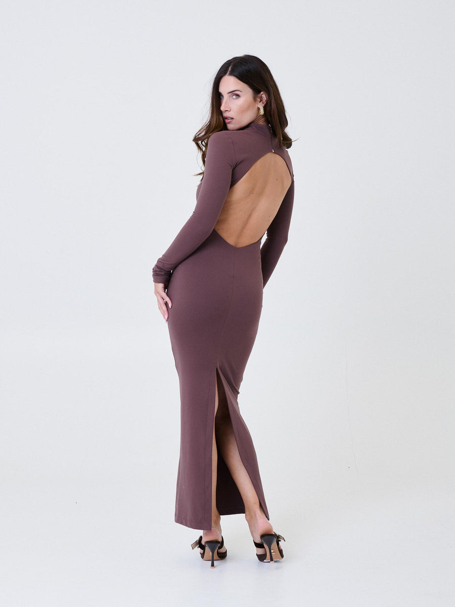 Abito lungo Silence Limited marrone a collo alto con schiena scoperta AB4180 MAROON Silence Limited 