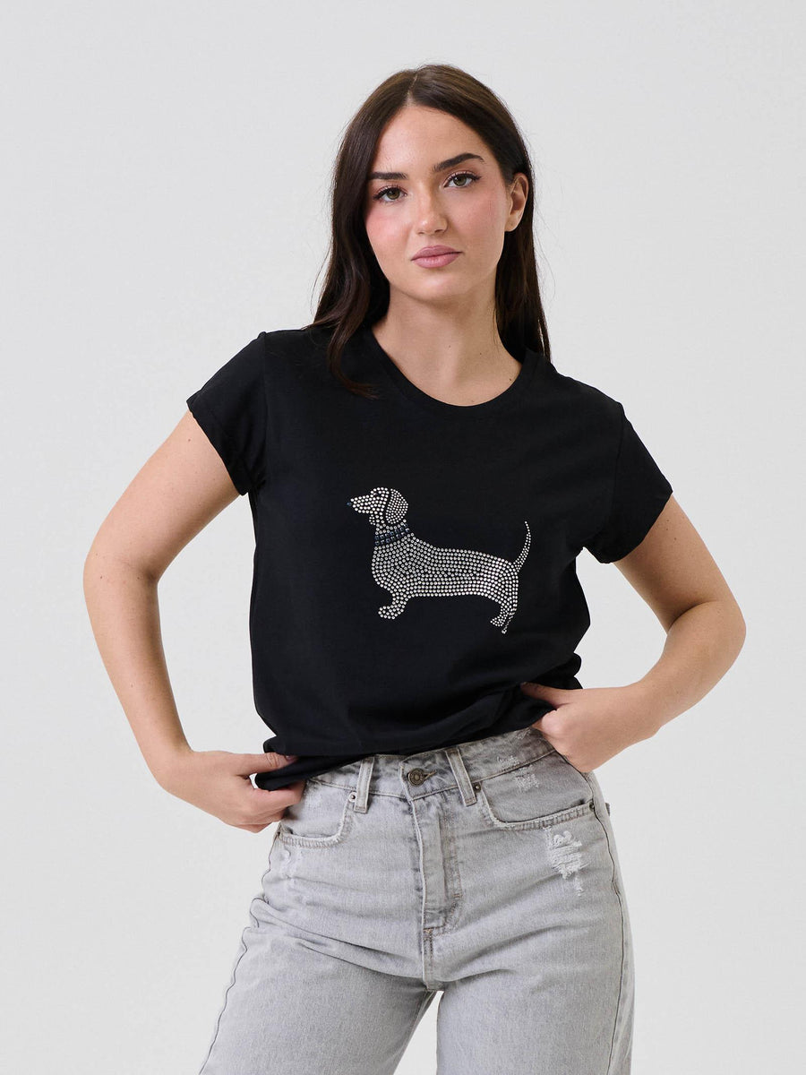 T-Shirt Vicolo nera con bassotto in strass RF0109 NE Vicolo 
