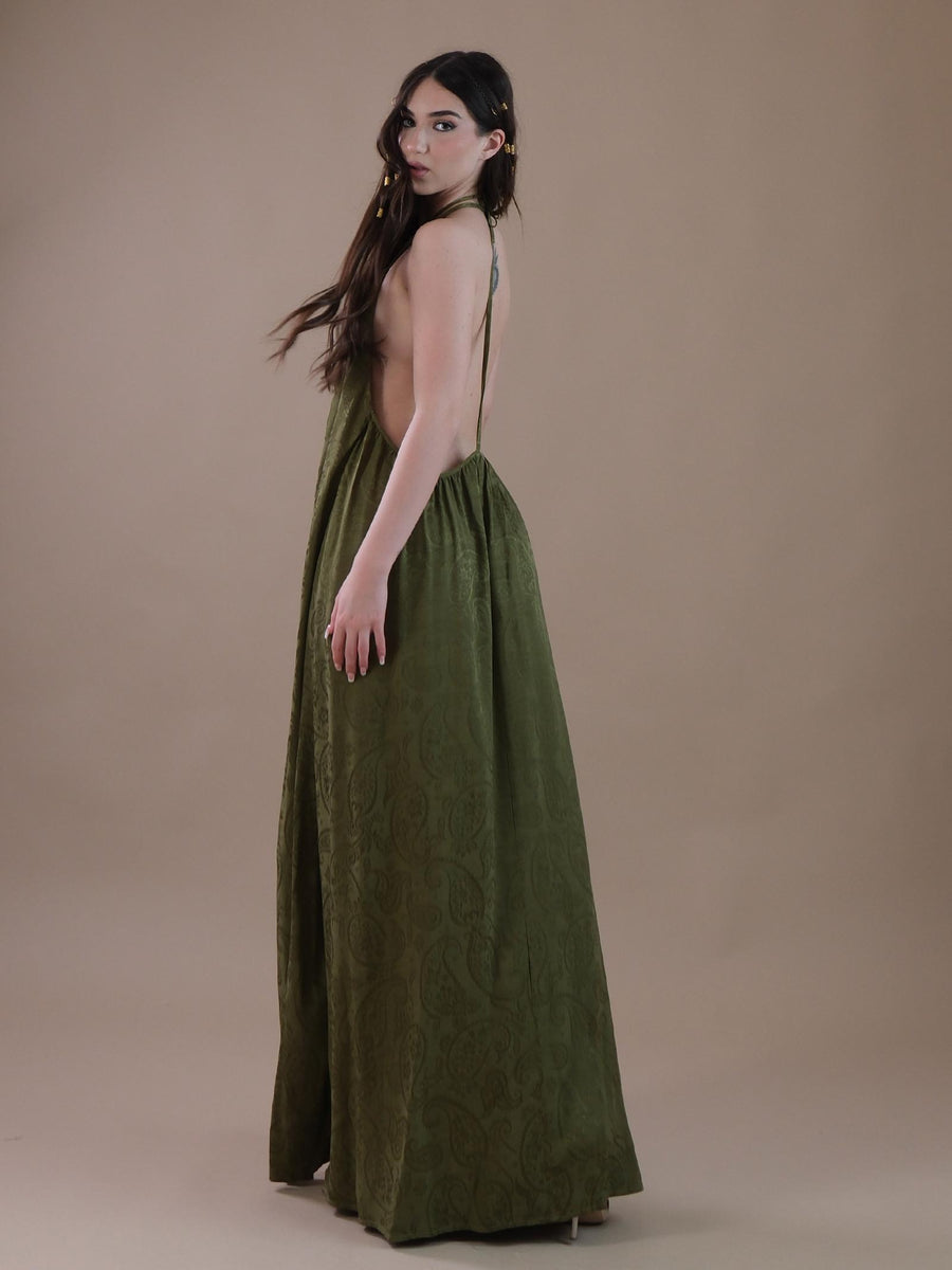 Abito lungo fantasia damascata verde militare AB65 MILITARE Bohemian V 