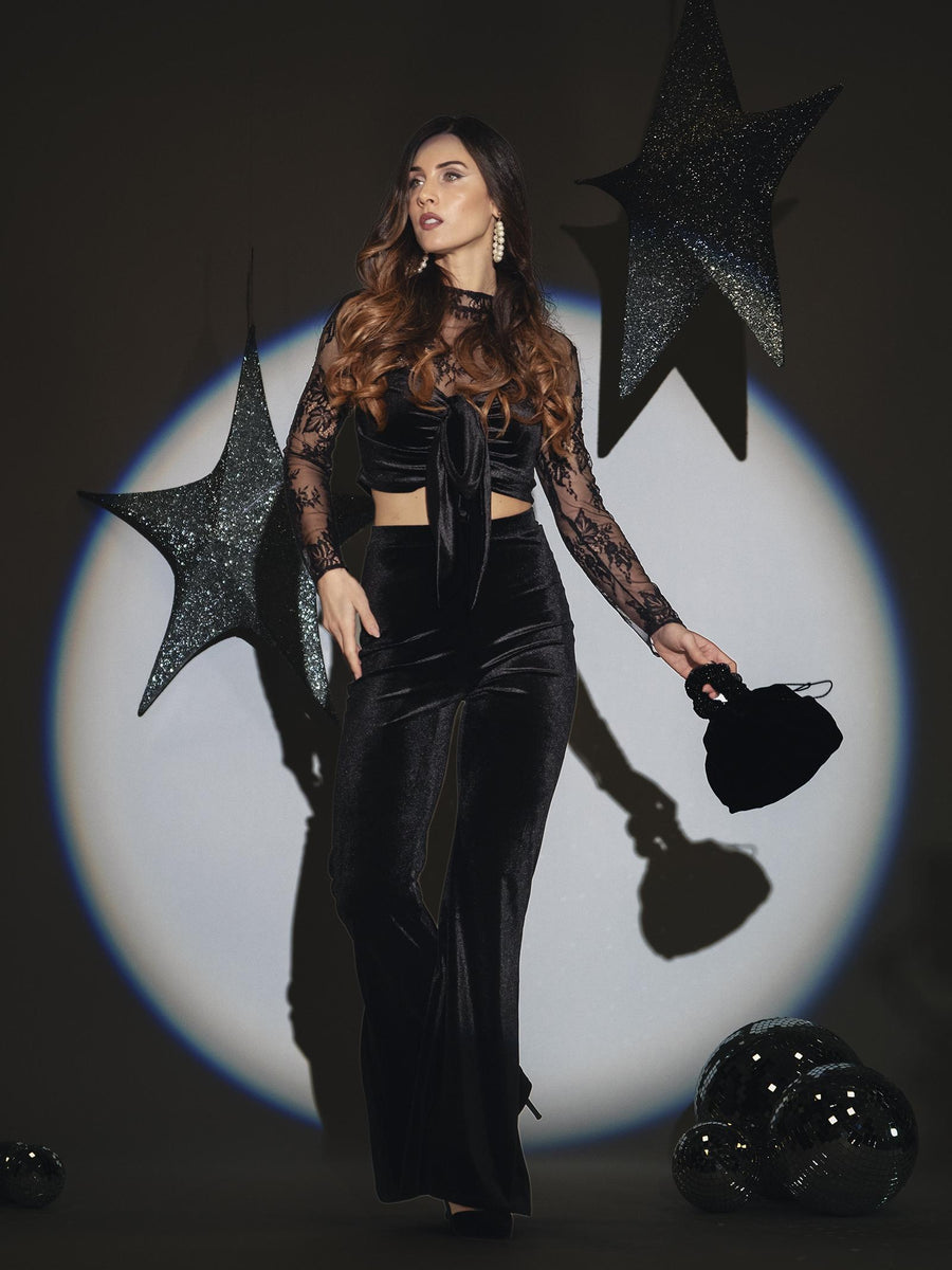 Top Haveone nero in pizzo e velluto con fiocco MVSM123 UNI Haveone 