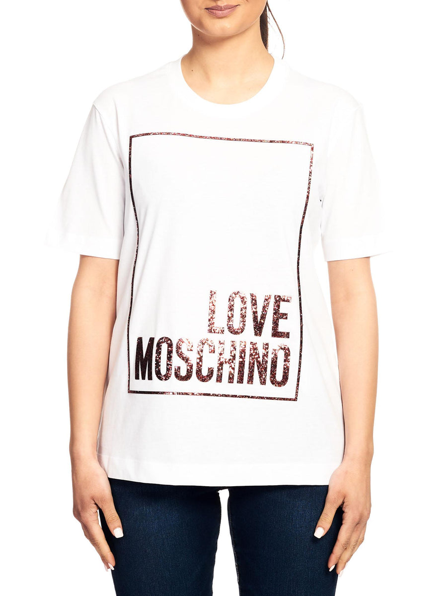 T-shirt bianca con stampa glitter W4H0605M3876 A00 Love Moschino 