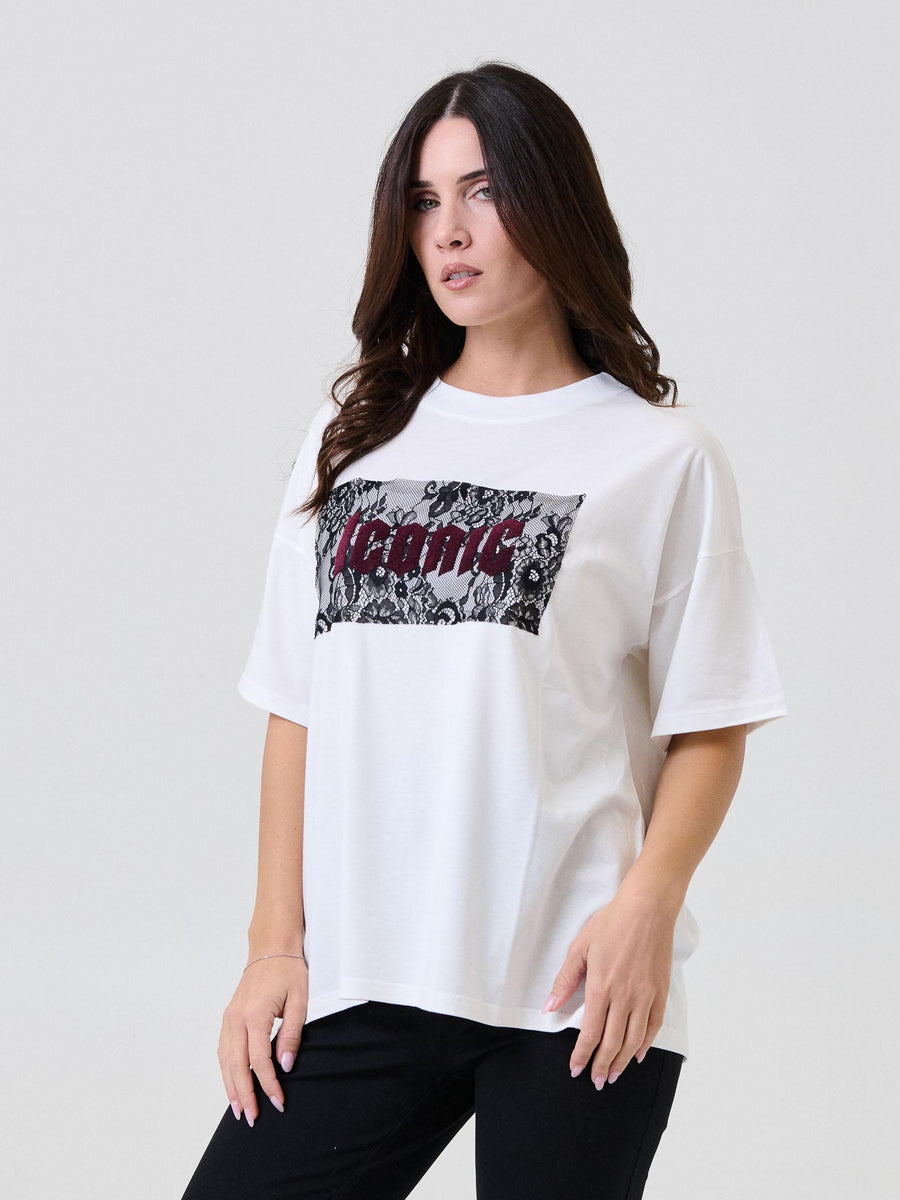 T-Shirt over Vicolo bianca con inserto in pizzo e velluto RF0348 UNI Vicolo 