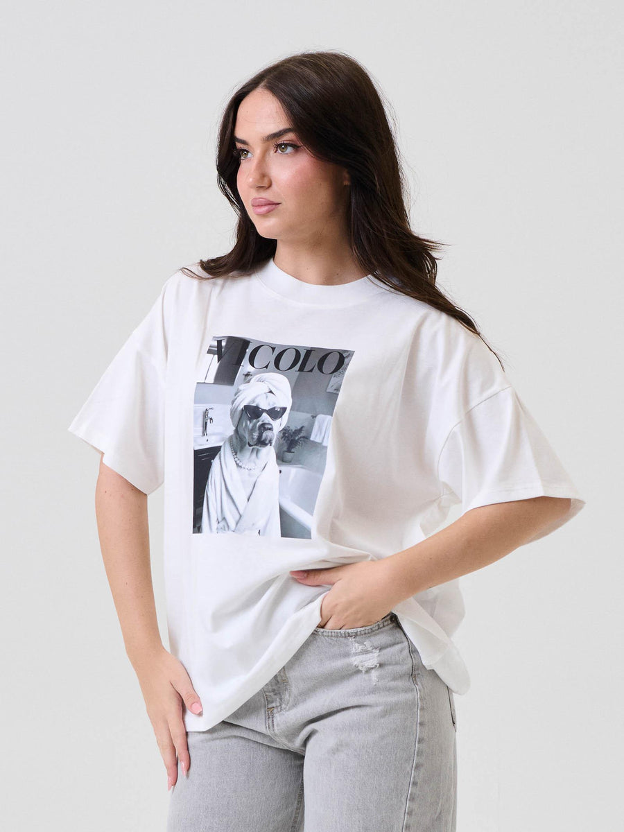 T-Shirt Vicolo bianca con stampa bianco/nero con cane RF0247 BIA Vicolo 