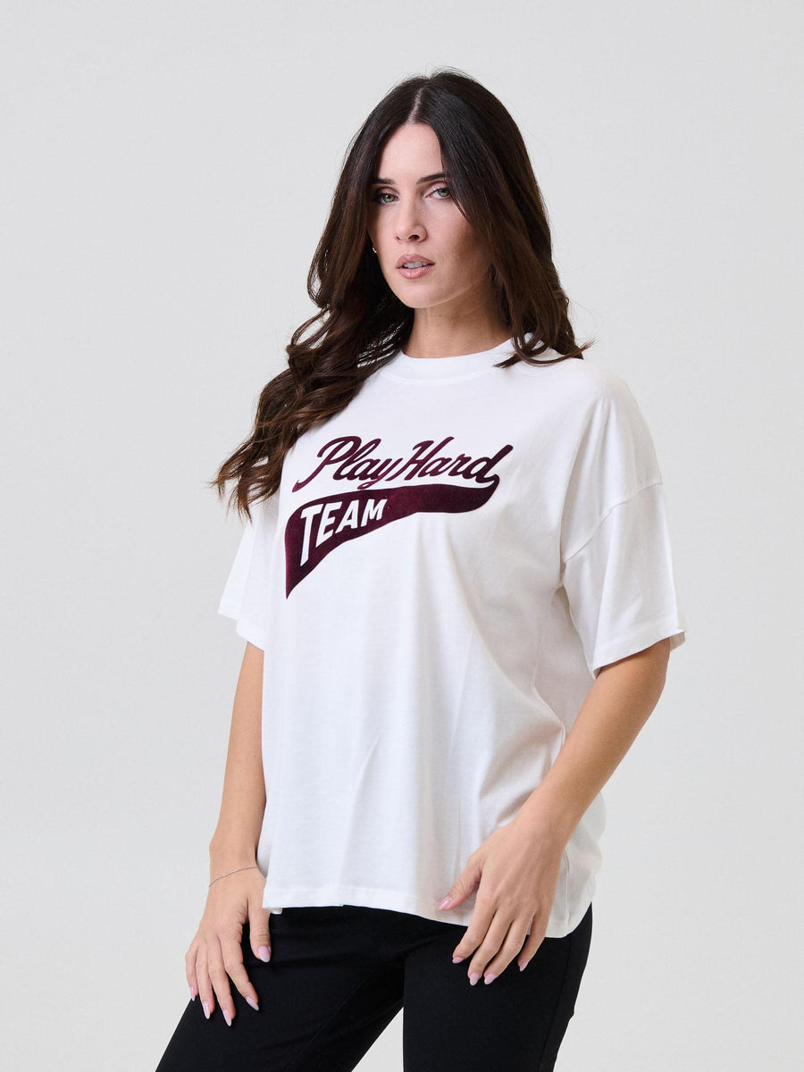 T-Shirt over Vicolo bianca con stampa "Play Hard" in velluto RF0358 BIANCO Vicolo 