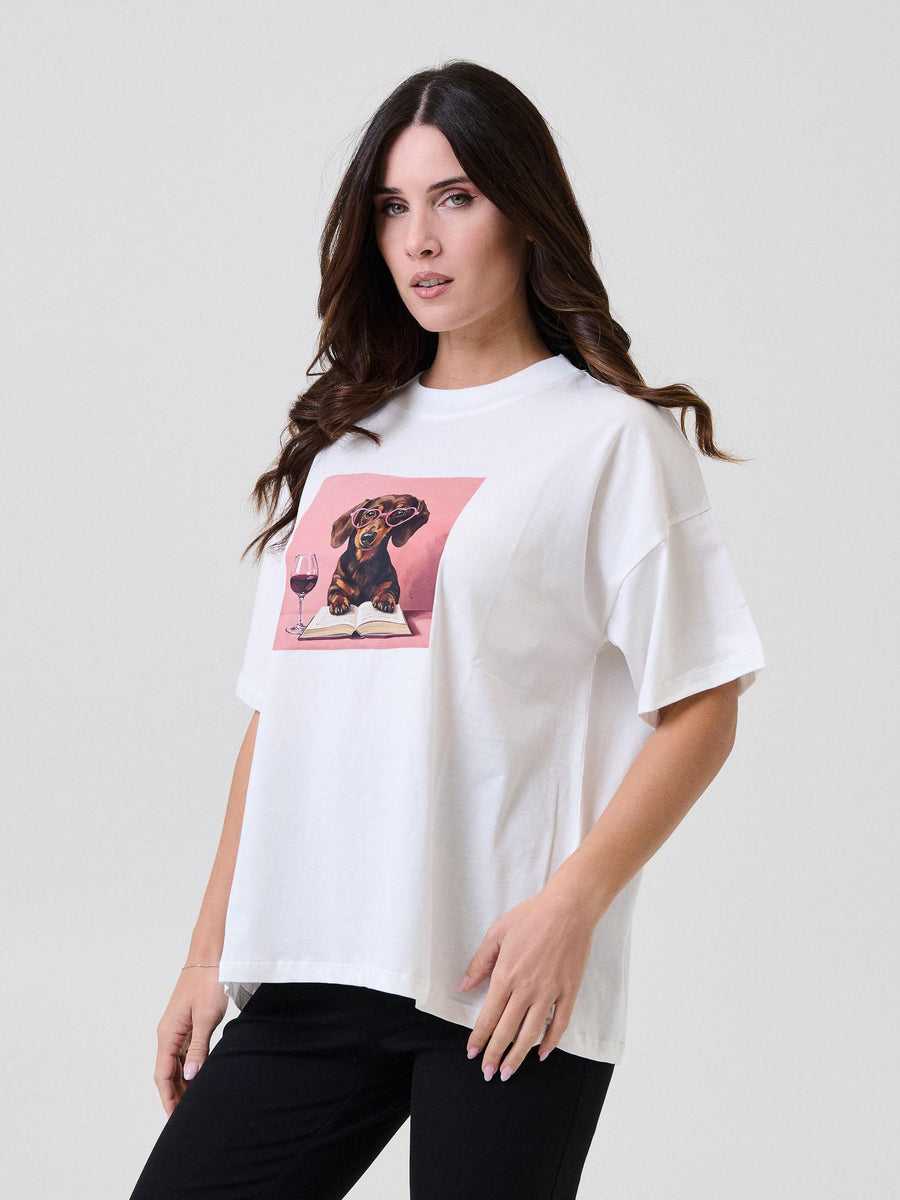 T-Shirt Vicolo bianca con stampa bassotto con occhiali a cuore RF0415 UNI Vicolo 