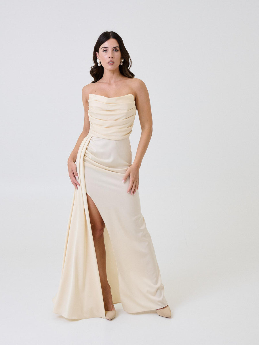 Abito in raso Silence Limited avorio con scollo a cuore drappeggiato AB4009SAT IVORY Silence Limited 