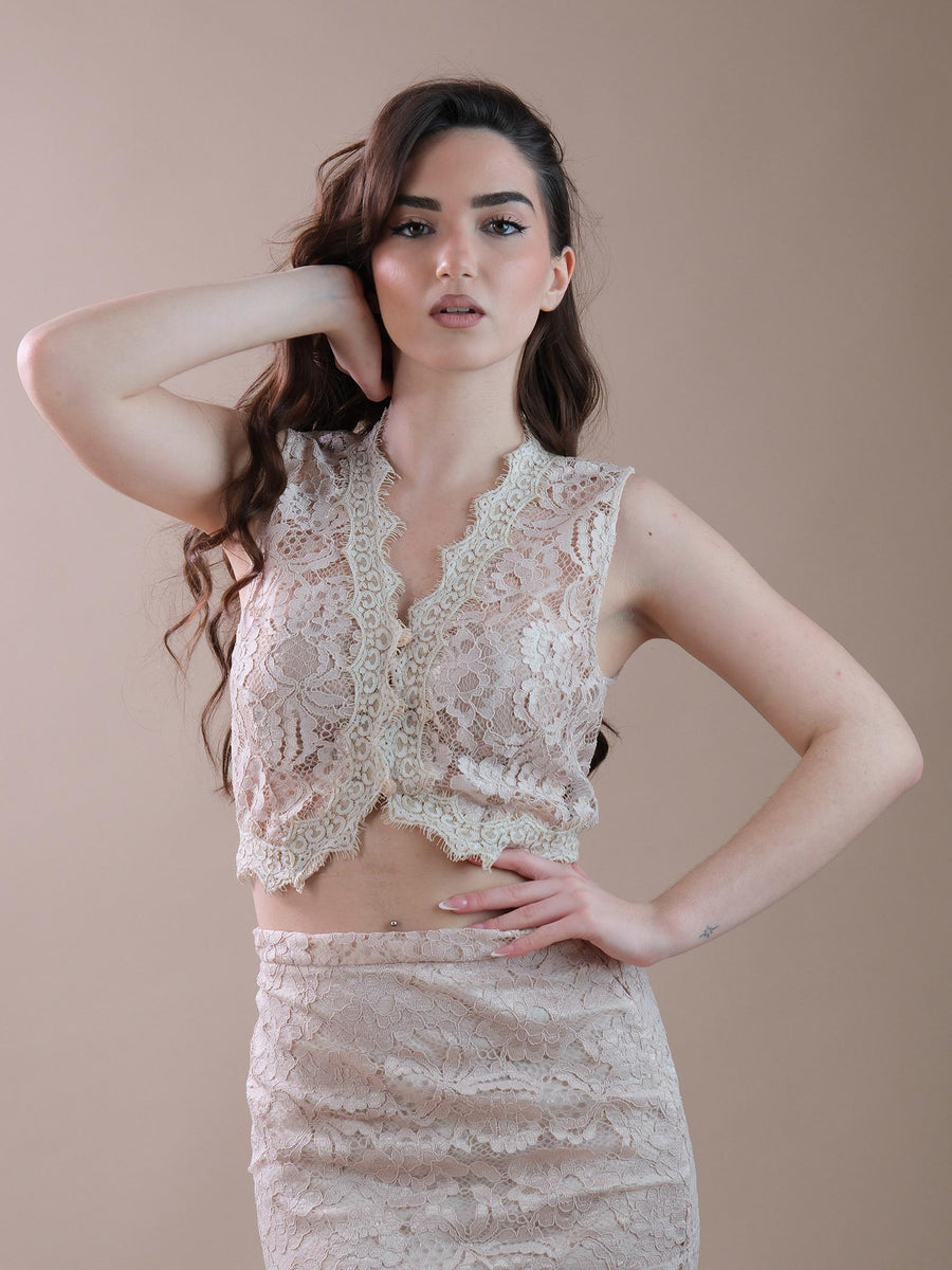 Gilet beige traforato in pizzo con orlo ondulato R9990021R BEI Imperial 