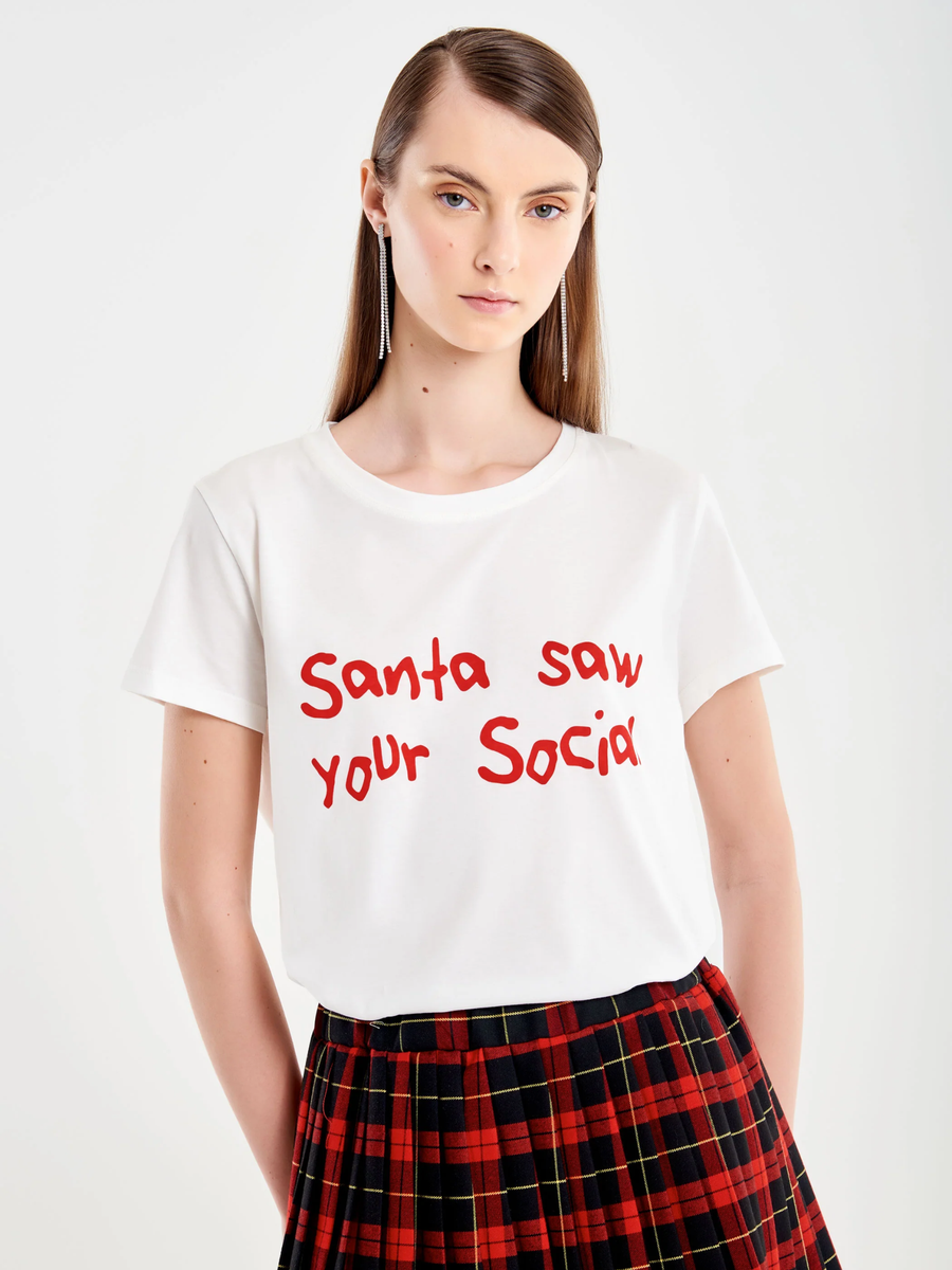 T-Shirt Vicolo bianca con stampa " Santa saw your social" RF0614 BIA Vicolo 
