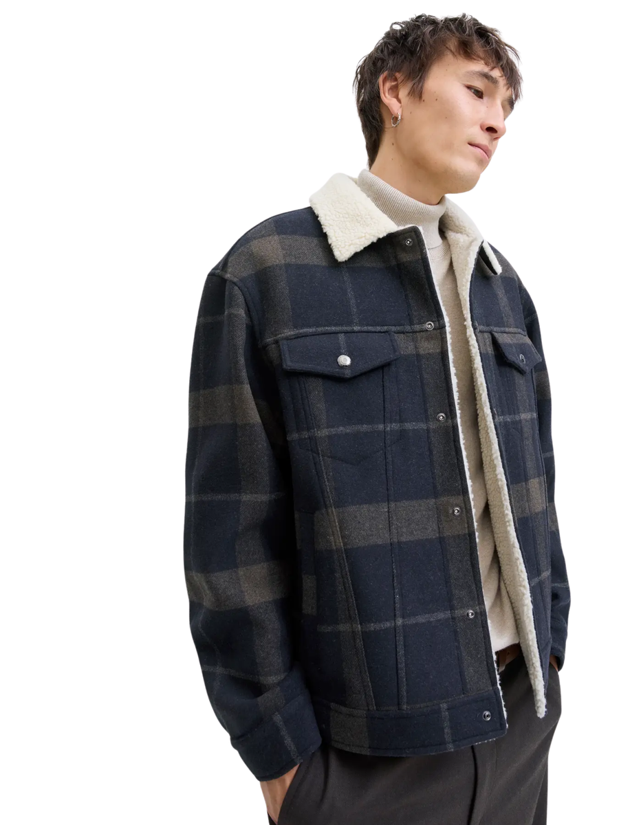 Giacca Jack & Jones blu check con interno in ecopelliccia 12281109 D Navy Jack & Jones 