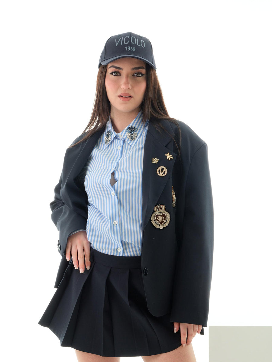 Giacca over cropped Vicolo blu navy con spille e patch RD0209 BLU Vicolo 