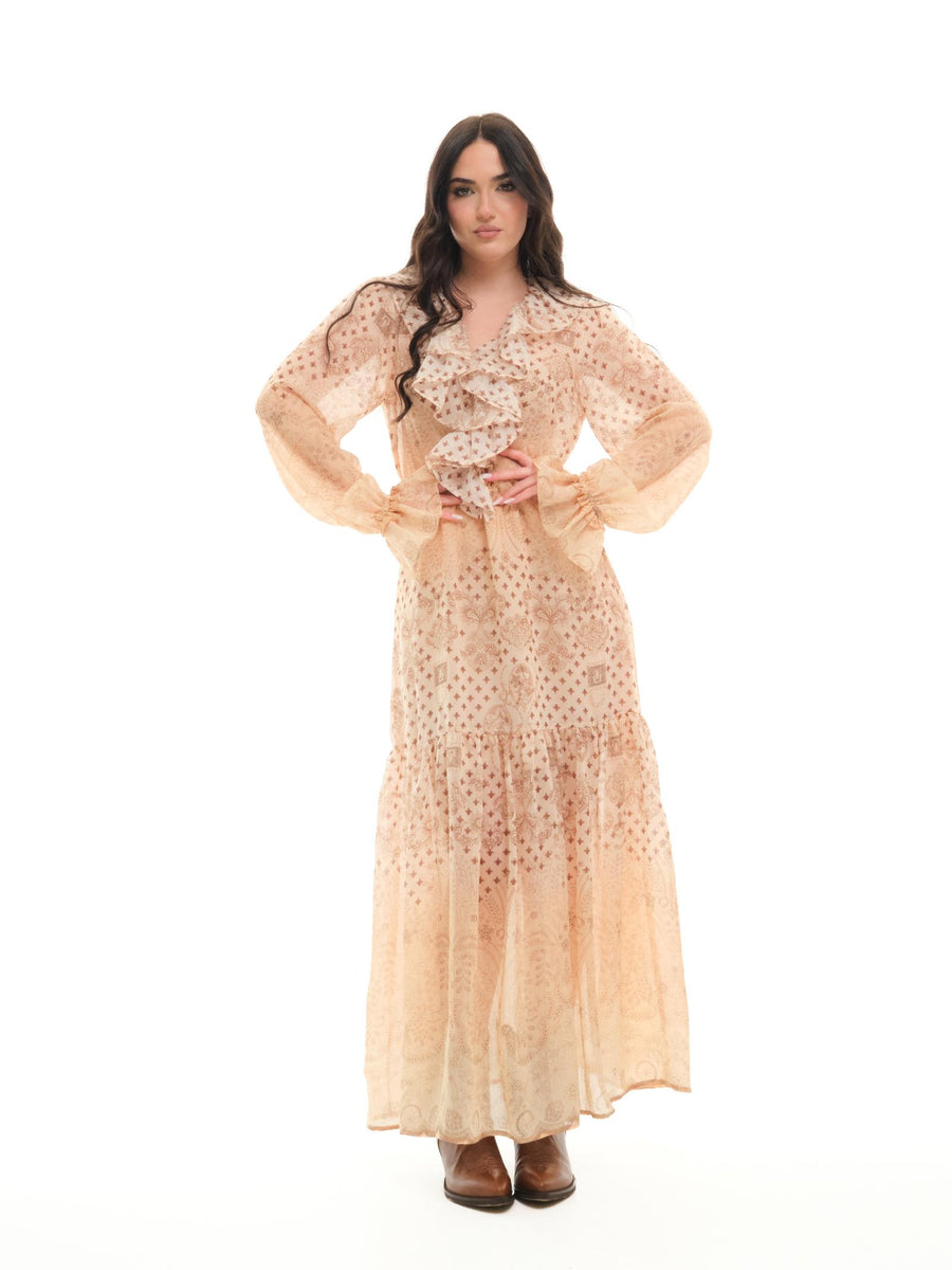 Abito lungo Vicolo beige paisley con rouches TD1783 BEI Vicolo 