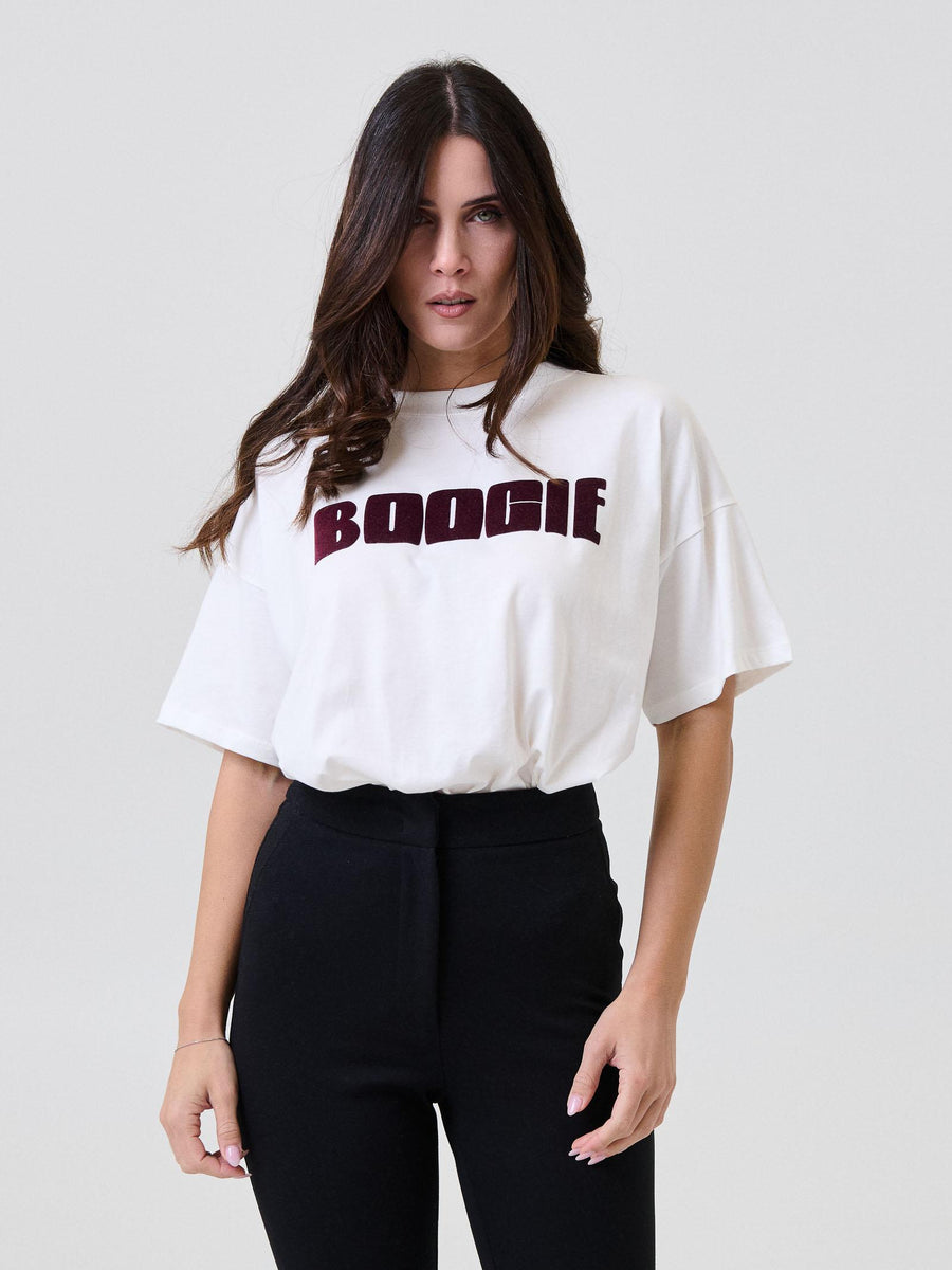 T-Shirt over Vicolo bianca con stampa "boogie" in velluto RF0357 BIANCO Vicolo 