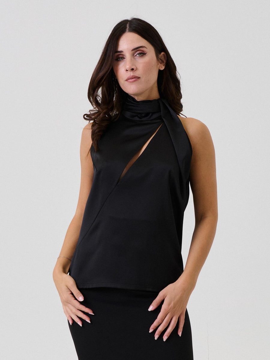 Top Silence Limited nera con collo allo e dettaglio asimmetrico BOU852 BLACK Silence Limited 
