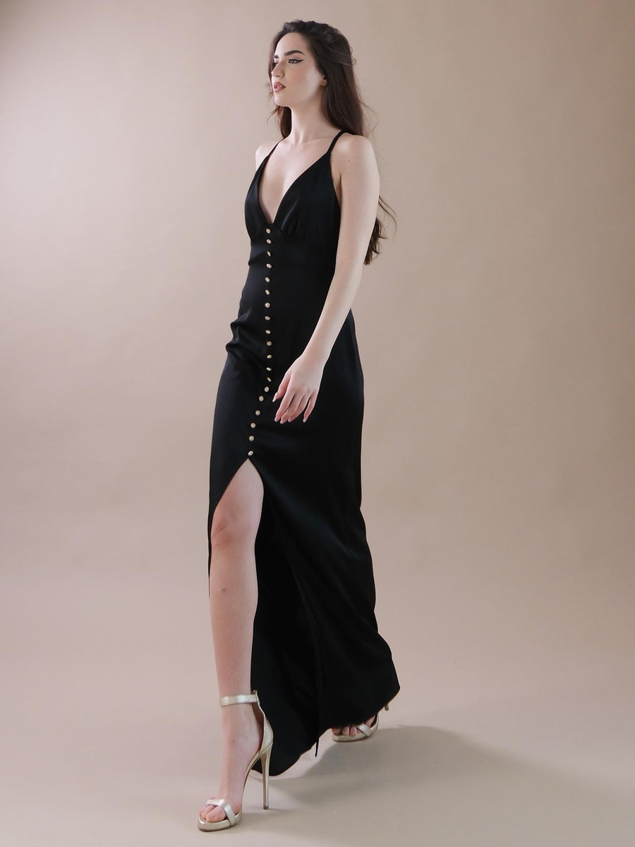 Abito lungo in raso nero con bottoni gioiello AB4039 BLACK Silence Limited 