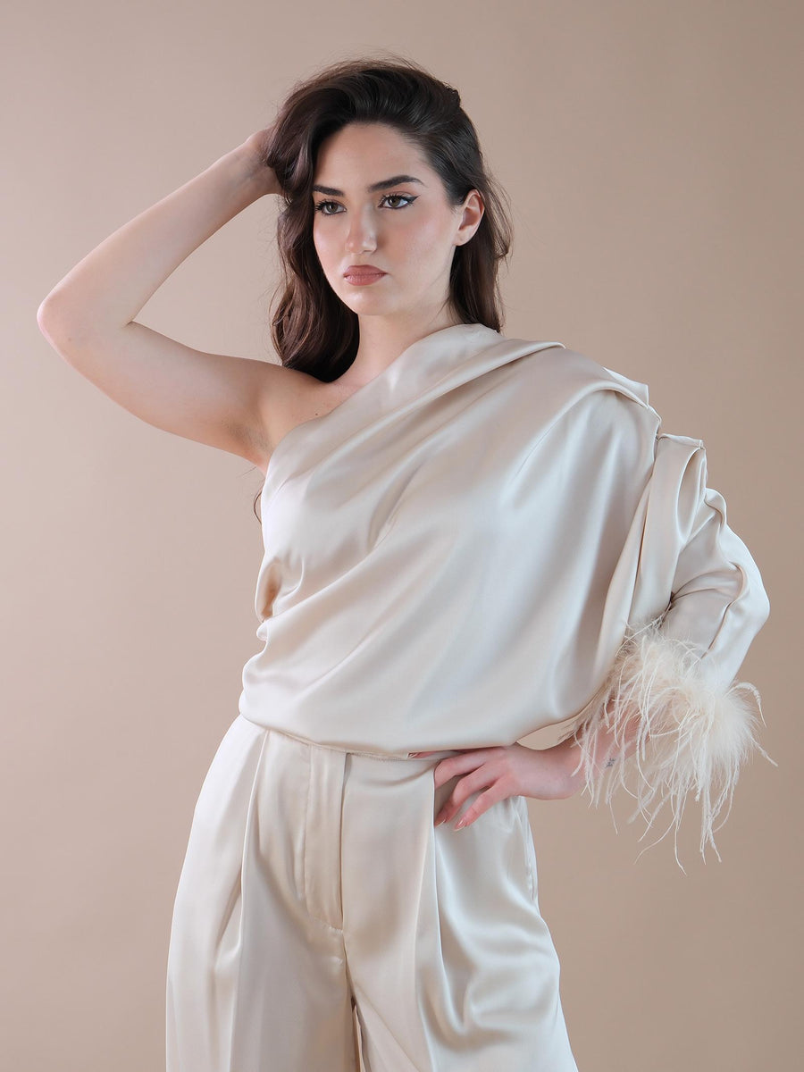 Abito monospalla crema in raso con piume al polso CA748 CREAM Silence Limited 