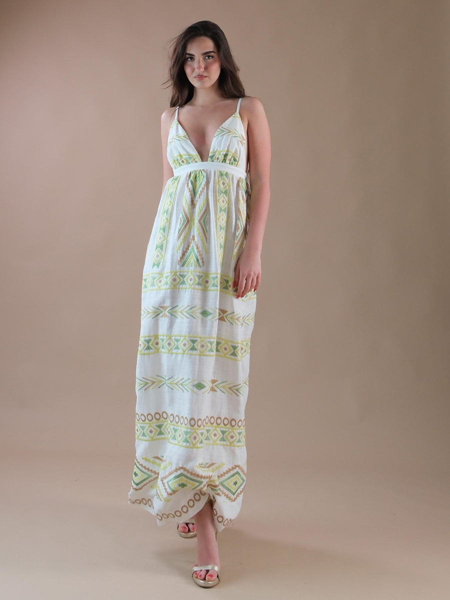 Abito lungo bianco a fantasia etnica AB86B UNI Bohemian V 