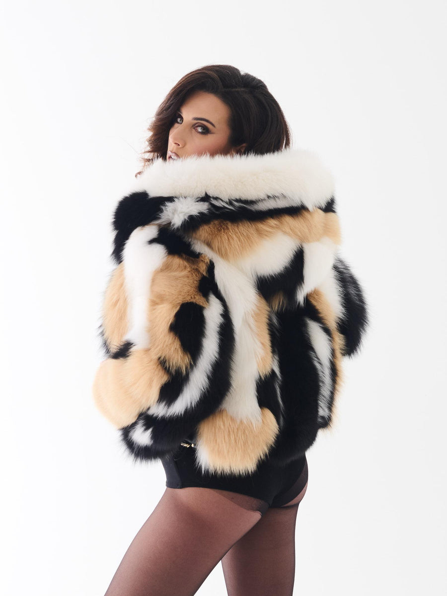 Pelliccia volpe Yes London beige, bianca e con dettagli neri in pelle LC2012 BIA/BEI Yes london 