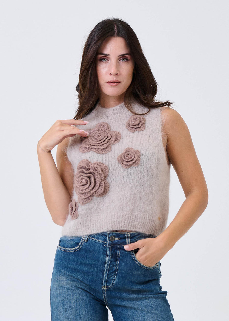 Gilet in lana Pho Firenze beige con applicazioni floreali 3D 4324008 NUDE/COFFEE PHO FIRENZE 