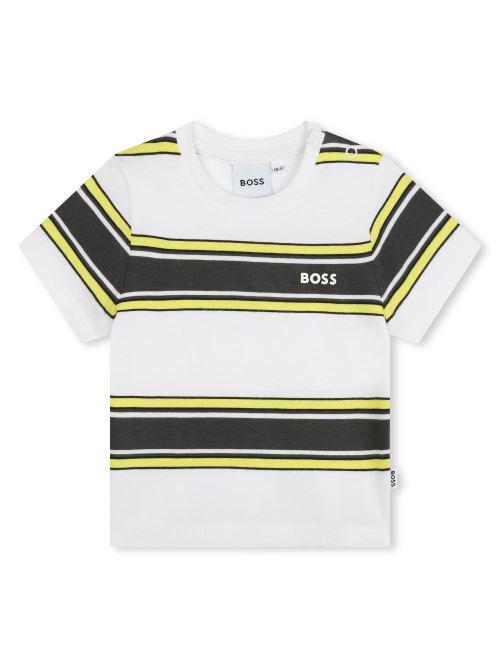 T-shirt bianca righe in contrasto giallo/nero J50605 N05 Boss 
